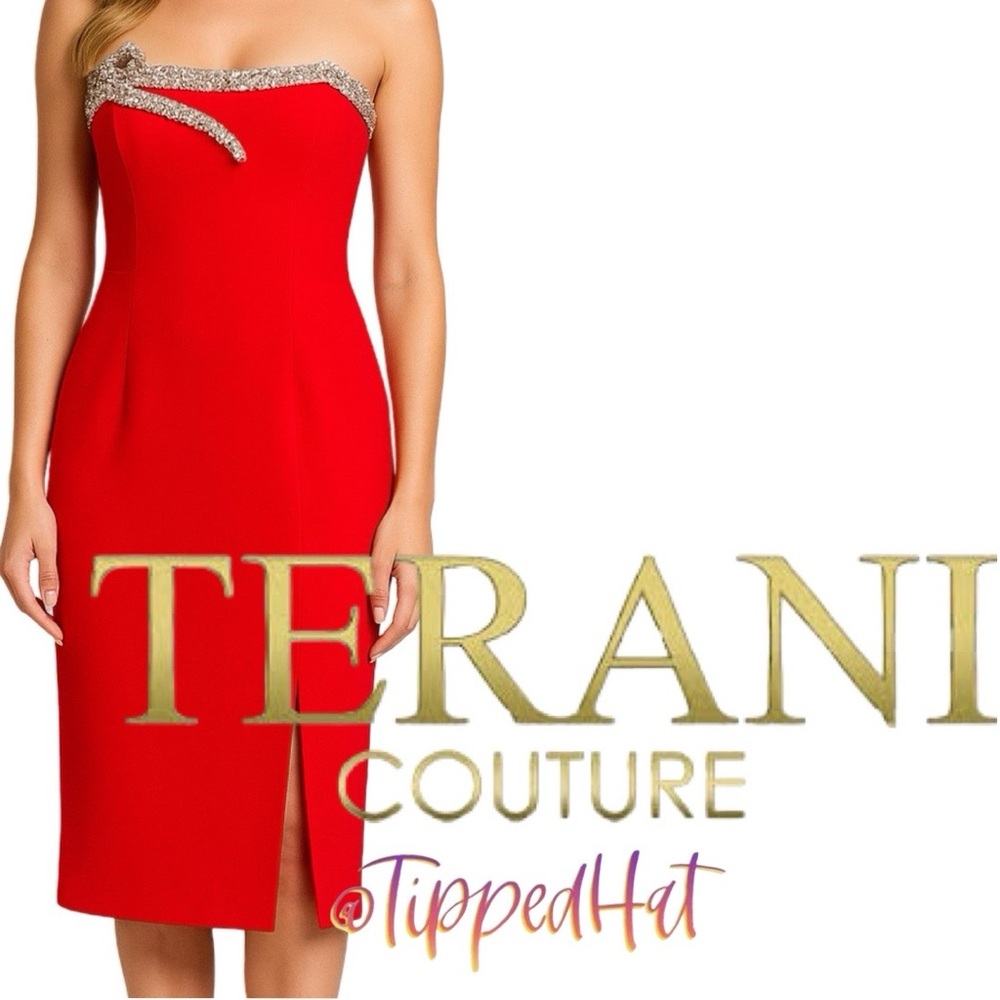 NWT $428 Terani Couture Red Crepe Strapless Rhinestone Midi Dress